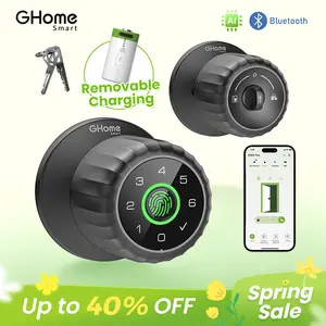 GHome Smart 4-in-1 Keyless Entry Door Knob KD03 PRO with Biometric Fingerprint, Keypad, App and Bluetooth Control, Rechargeable Battery and Removable Charging Design