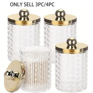 3 /4 Pcs Qtip Holder Dispenser for Cotton Ball, Cotton Swab, Cotton Round Pads, Floss Picks - 10 oz Plastic Apothecary Jar Set for Bathroom Heavy Duty Canister Storage Organization, Home Organizers, Plastic Kitchen Canisters, Golden Lids, Organiser