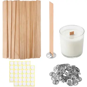 150 Pcs Thickned Wooden Candle Wicks. 5.1 X 0.5 X 0.06 Inch Upgrade Crackling Wooden Wicks, Long Lasting Smokeless Wood Wicks with Iron Standers, Wick Stickers, and Warning Labels- 50 Sets
