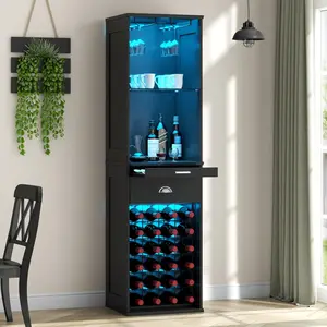 Gyfimoie Black Wine Bar Cabinet with LED Lights, 65'' Tall Coffee Bar Cabinet with 24 Wine Rack & Glass Holder,Kitchen Storage Cabinet with Tray & Drawer & Adjustable Shelf,Freestanding Liquor Cabinet wood  cabinets LED Wine Furniture Modern