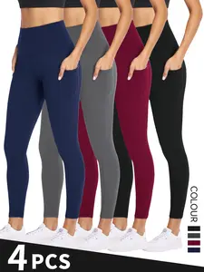 Women's High-Waisted Yoga Pants with Pockets Soft Stretchy Abdominal Control Workout Leggings for Running Exercise Assorted Colors Athleisure 4pcs Pack
