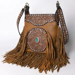 American Darling Hand Tooled Genuine Leather Large Cross Body Bag Women's Floral Carved Purse with Turquoise Concho & Fringes