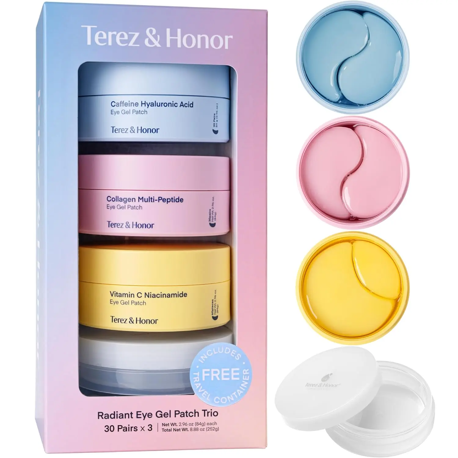 Terez & Honor Eye Patches Set: Korean Hydrogel Eye Masks Gift, 3 Pack (x 60 Pcs) with Caffeine, Collagen & Vitamin C - For Puffy Eyes, Dark Circles, Fine Lines, Wrinkles & Bags, Travel Case Included