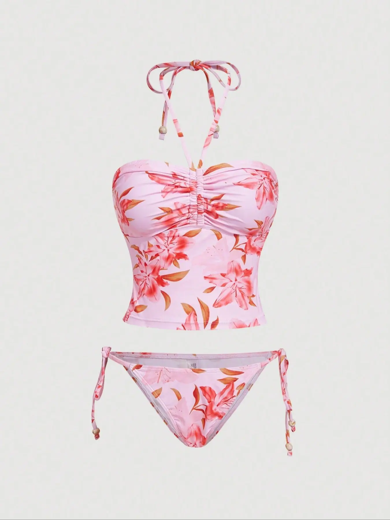 Women's Floral Print Tankini Outfit Two-Piece Swimsuit Set, Drawstring Halter Neck, Belted Belly Coverage, Vacation Style, Wholesale Export, Floral Print Swimsuits, Tankini Swimwear Set