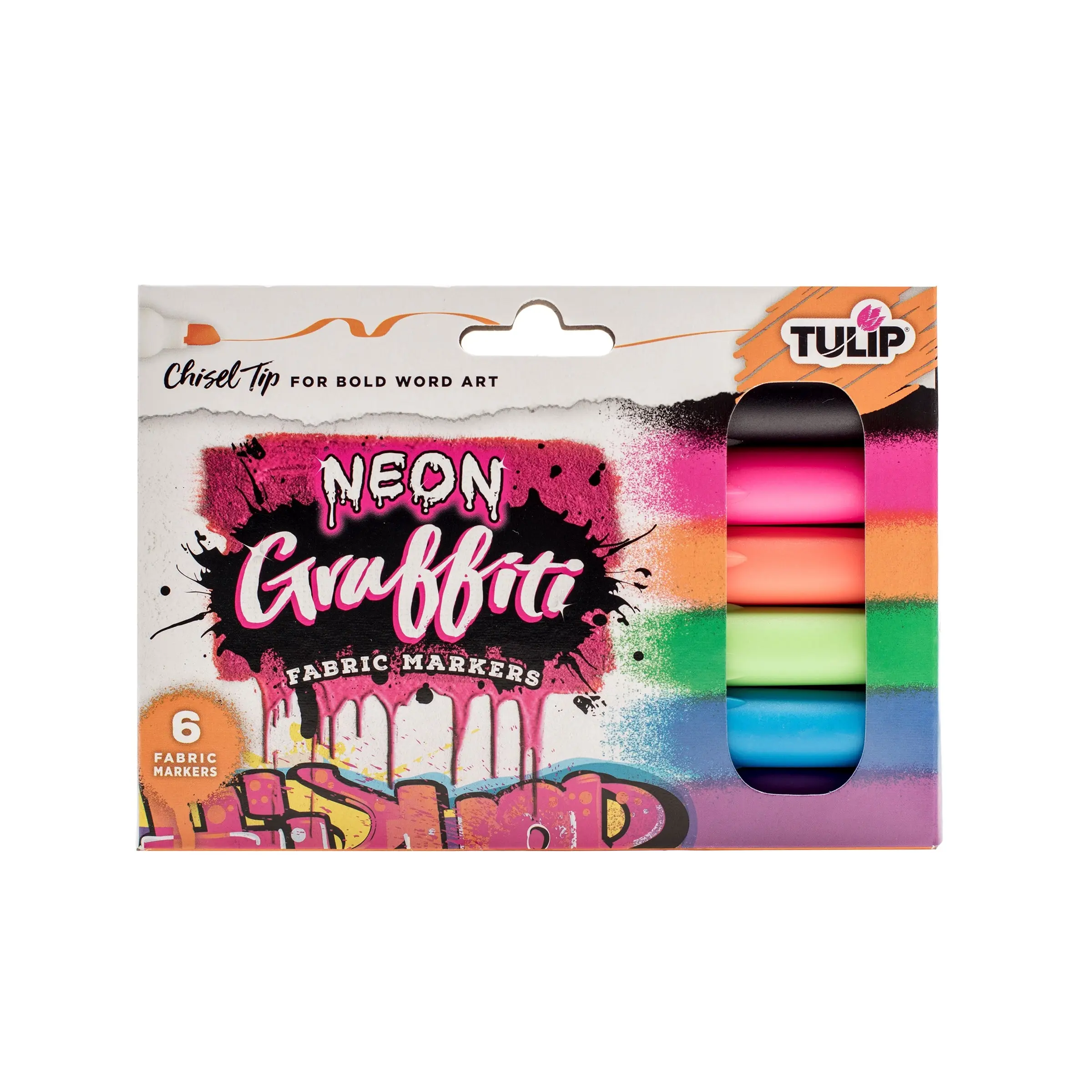 Tulip Graffiti Chisel-Tip Fabric Markers, Neon 6-Pack Assorted Colored Markers & Highlighters for Office Stationery Needs
