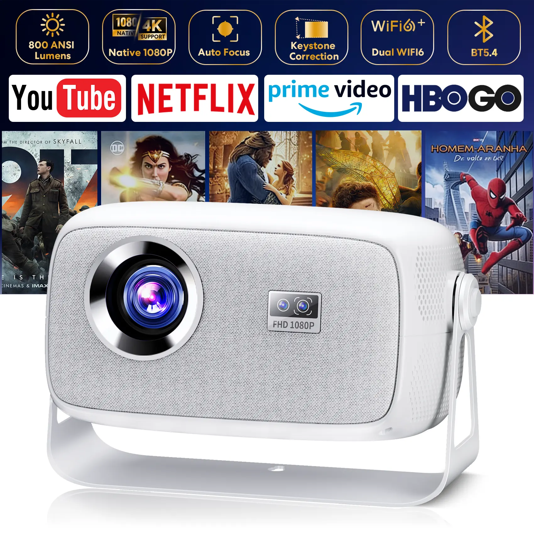 [US Warehouse] 2026 X4 Smart Projector, New Year Pick, 800 ANSI Lumens HD Portable Device with Dual Wi-Fi 6, Bluetooth, Android 11.0, 4K Decoding, Autofocus, 180° Rotation, 150-Inch Screen, Built-In Audio Speaker, Home Cinema Projector