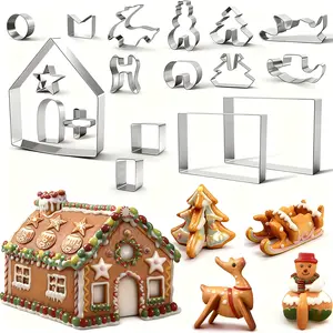 18 PCS Gingerbread House Cookie Cutter Set 3D Stainless Steel Fondant & Biscuit Molds with Christmas Tree, Snowman, Reindeer & Sled Shapes- Gift Box Packaging | Christmas Decorations, DIY Handmade Cookies, Holiday Baking Supplies, Bakeware