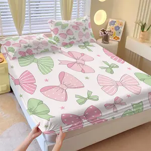 Sweet Bowknot Fitted Sheet Set, 1 Fitted Sheet and 2 Coreless Pillowcases, Pink, Green Bows, Star Pattern, Warm & Sweet Bed Linen, Soft Breathable Fabric, Ideal Gift for Women or Room Decoration