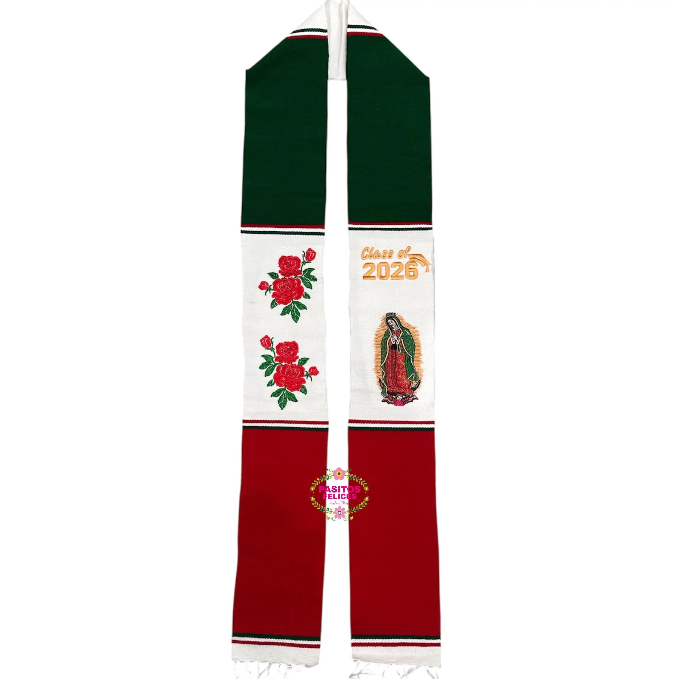 2026* Virgen and Roses Mexico Graduation Stole (Tricolor) Sarape Sash IN STOCK