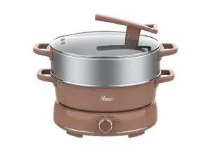 Rosewill 12.7 QT Electric Hot Pot with Multiple Functions, Split Design with 11.8 inch Wider Cooking Pot and SUS Steam Basket, 1600W High Power, Includes Utensils - Mocha