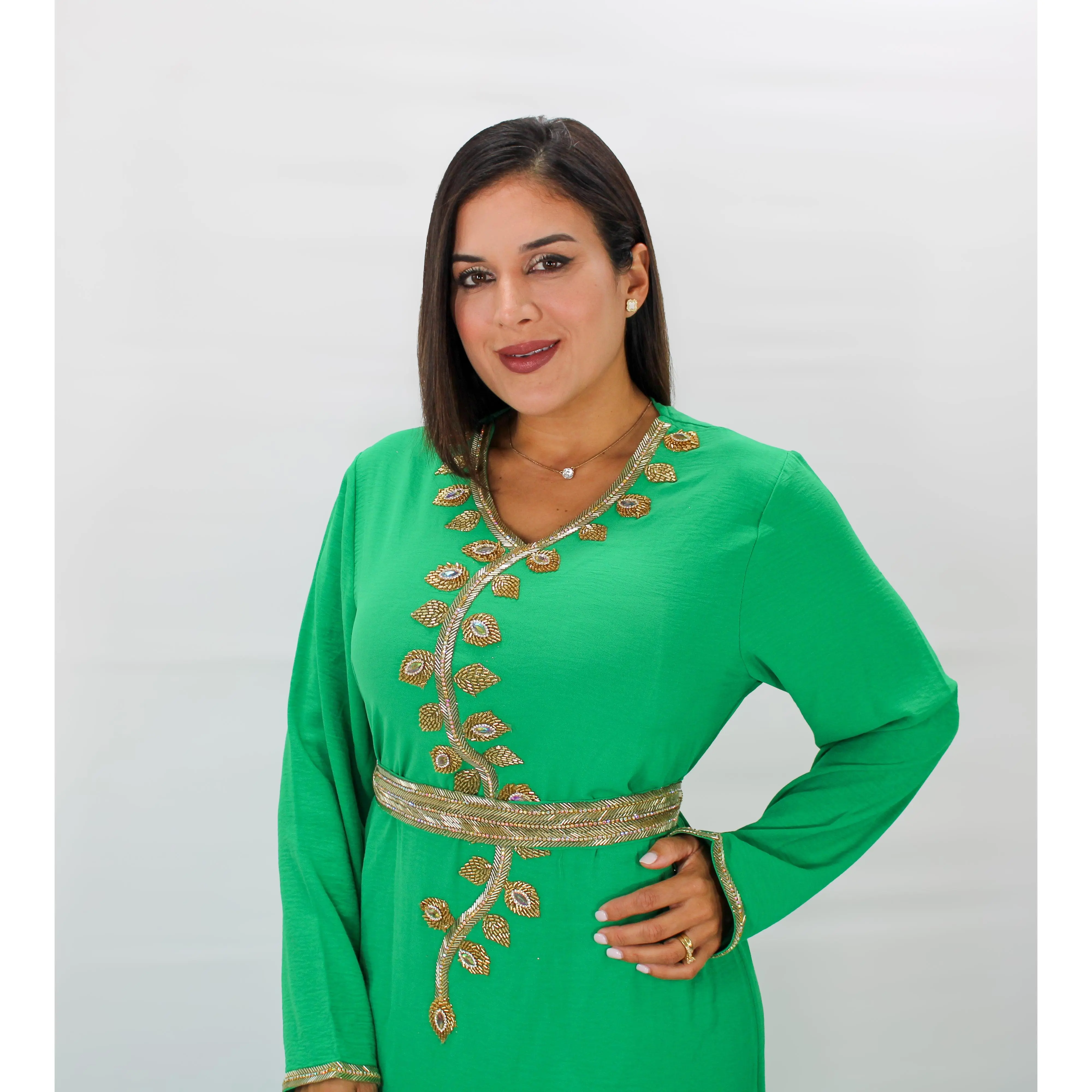 Jamila Jalabiya Green Casual Dress with Embroidery and Belt, Embroidered Design, Versatile Style for Women