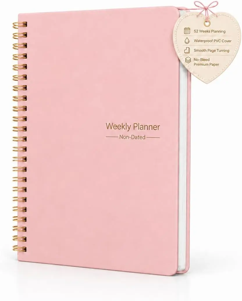 Undated Weekly Planner - Weekly Goals Notebook with To Do List, Habit Tracker, Daily Schedule Journal with Spiral Binding, 5.7 x 8.0 inches,Productivity Organizer Notebook for Work, School, Home, Pink