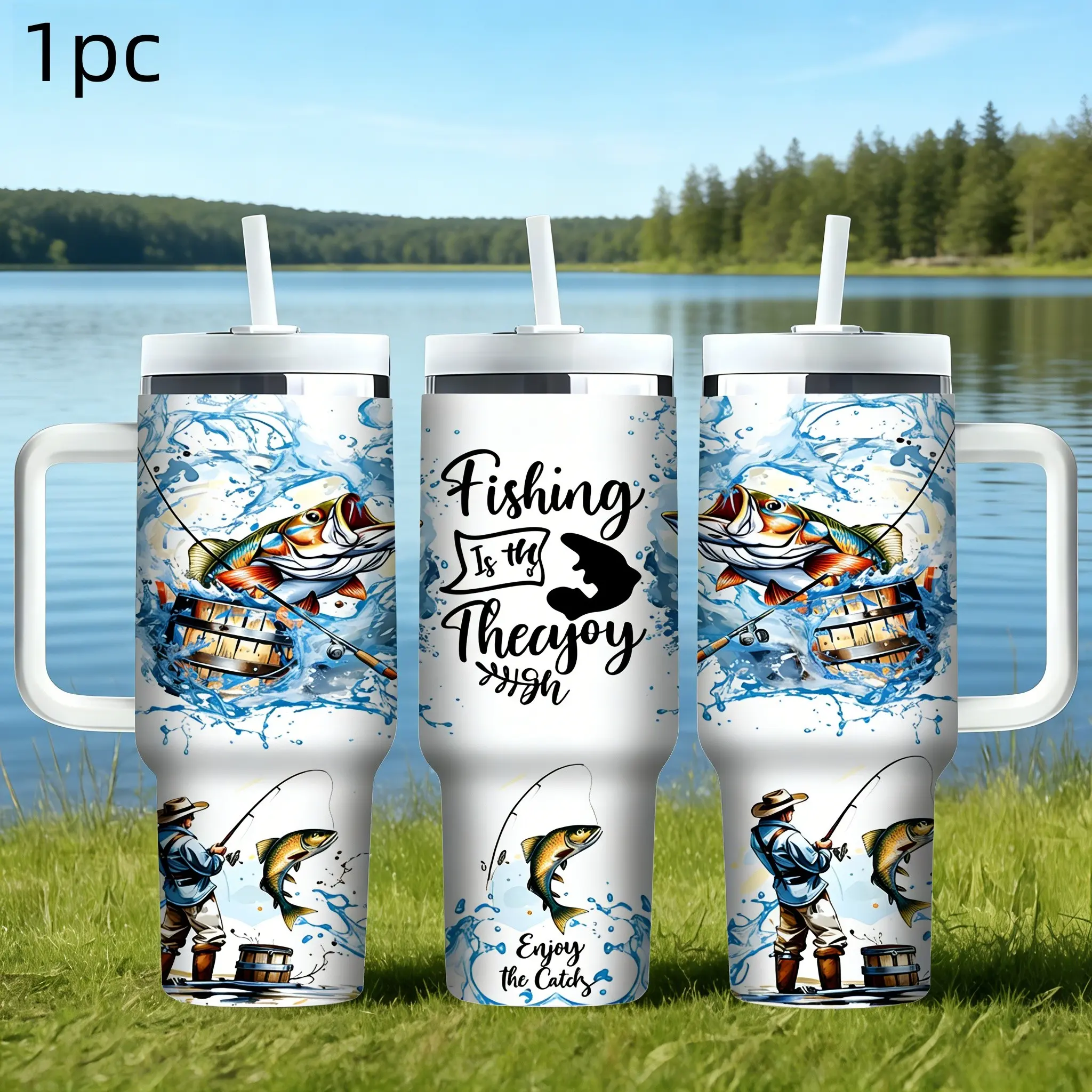 1pc 40oz/ 33oz/ 30oz / 17oz Insulated Tumbler with Handle | Fishing Is My Therapy Bass Fish Print | Stainless Steel Vacuum Travel Mug | Keep Drinks Hot & Cold | Perfect Gift for Fishermen, Dad & Fishing Lovers