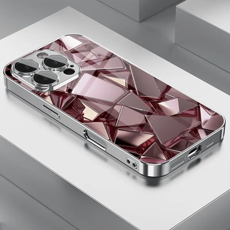 Stylish Rose Golden Shimmering Geometric Patterned Electroplated Glass phone cases with Lens Protection for iPhone 16Promax 15 14 13 12 11, Featuring Full Coverage And Drop Protection with Tempered Glass