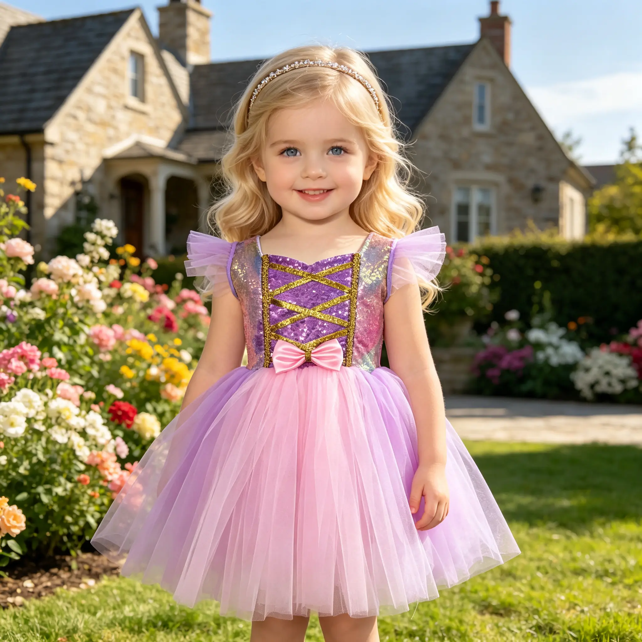 Girls Purple Pink Sparkle Princess Dress, Bubble Ruffle Cap Sleeves, Gold Lace-Up Sequined Top with Front Pink Bow, Flowy Ombre Mesh Tutu Skirt for Kid Party & Daily Dress Up