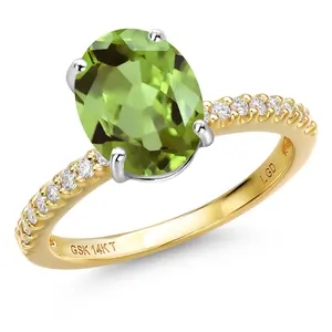 14K Two Tone Gold Green Peridot and Lab Grown Diamond Engagement Ring For Women | 2.96 Cttw | Oval 10X8MM | Gemstone August Birthstone