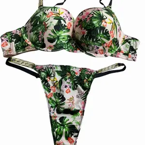 Tropical Print Gold Chain Rhinestone Strap Bra Set with Leaf and Flower Design for a Vibrant Summer Season Look