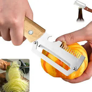 3-in-1 Multi Functional Vegetable Fruit Peeler Ultra Sharp Stainless Steel Blade Wooden Handle Julienne Shredder Bottle Opener Kitchen Gadget 2 Pcs