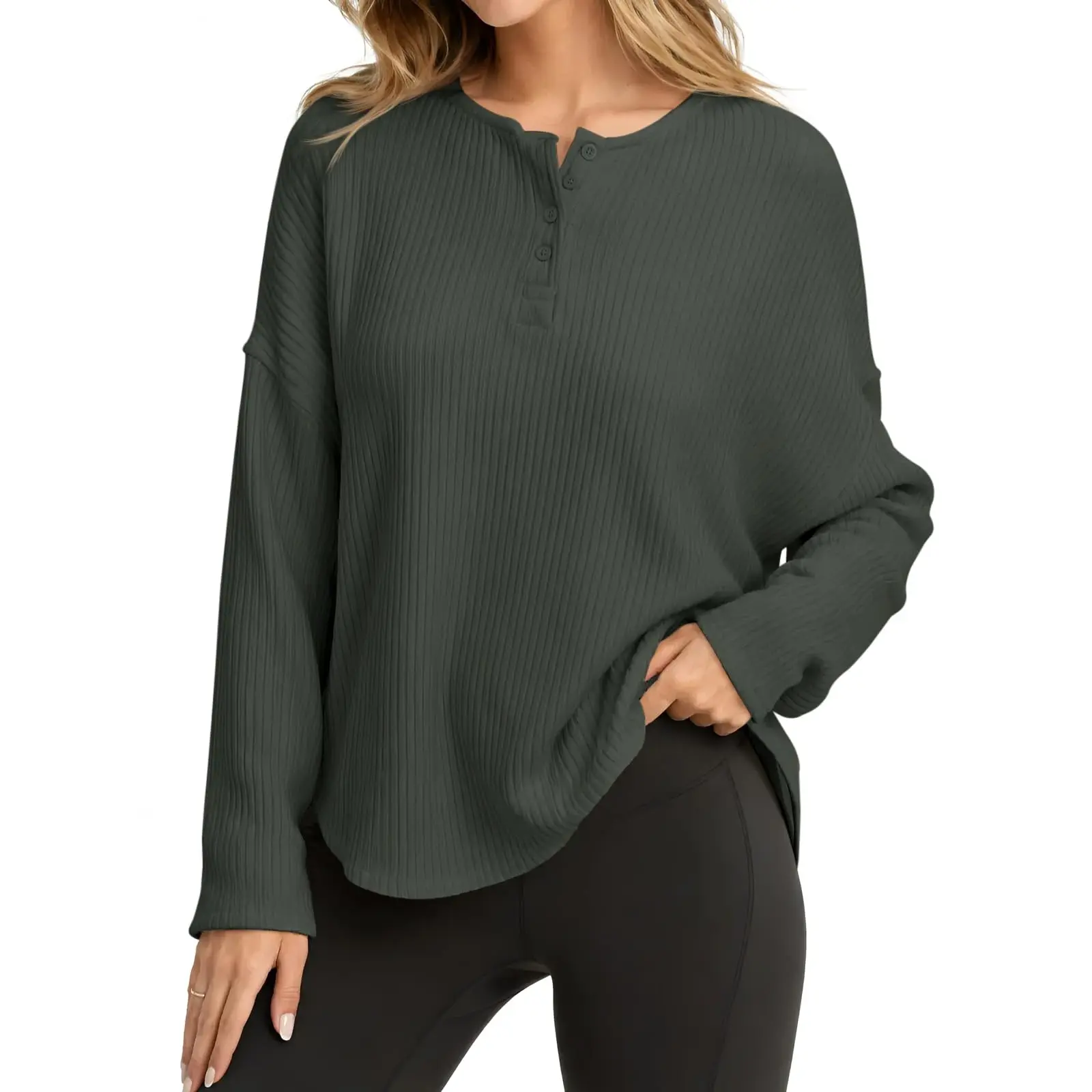 Fisoew Womens Long Sleeve Henley Shirts Ribbed Knit Button Tunic Tee Tops | V Neck,Curved Hem, Crewneck, Drop Shoulder, Soft, Workout, Chic, Pullover, 2026 Fall Winter,Casual,Loose