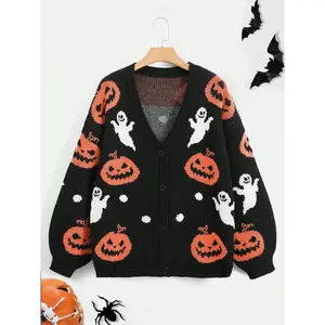 Women’s Halloween Pumpkin Ghost Knit Cardigan Sweater, Soft Comfortable Colorblock Retro Design, Unique Fall Winter Fashion Top