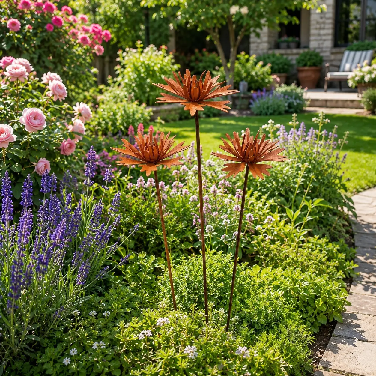Rustic Metal Rusted Daisy Flower Decorative Stake Set - 3 Pieces, Metal Finish Weatherproof Sculptures, Outdoor Garden Decor for Lawn Paths, Home Improvement Supplies for Garden Lovers