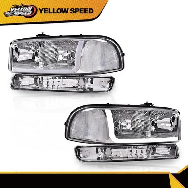 ALLGOOD LED Front High Lumen Headlights + Bumper Lamps, Chrome/Clear LED DRL, Compatible with 99-07 GMC Sierra 1500-3500, High Lumen Headlight, Led Front Lights
