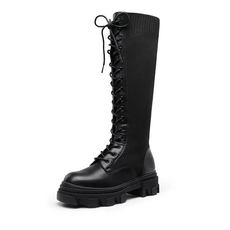 Dream Pairs Women's Brown & White PU Chunky Round Toe Lace-Up Zip Knee-Length Boots - Walking Shoes, All Seasons Fashion Essential, Statement Shoes, PU Upper, Thick Latex, Alternative Style