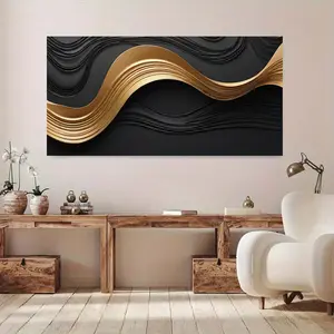 1 Framed Canvas Painting - Modern Gold Wave Design, Elegant Black and Gold Wall Decor for Living Room and Bedroom, Modern Home Decor | Elegant Decor | Dynamic Design, Large Canvas Wall Art