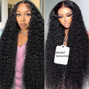34 Inch 250% Density Deep Wave Lace Front Wigs Blended Human Hair 13x4 Lace Front Wigs Pre Plucked for Women Deep Curly Glueless Wigs Pre Plucked with Baby Hair Deep Wavy Hair