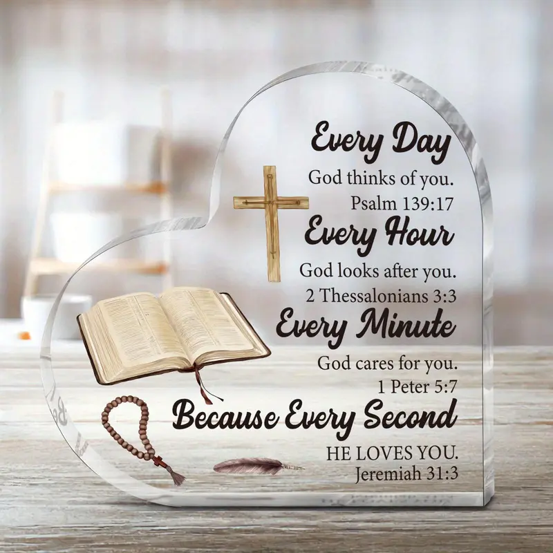 Acrylic Heart Shaped Plaque, Decorative Plaque, 1 Count Bible Verse Pattern Ornament, Home Office Desk Decoration Gift for Pastors Women Daughter Friends Bestie, Acrylic Plaque Sign