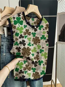 1 Piece Women's Loose Sleeveless Crew Neck Knit Top with Dark Blue Trim, Color Block & Leaf Print, Spring & Summer Casual Style, Can Be Worn Alone or with a Vest, Suitable for Daily Outdoor Wear, Womenswear