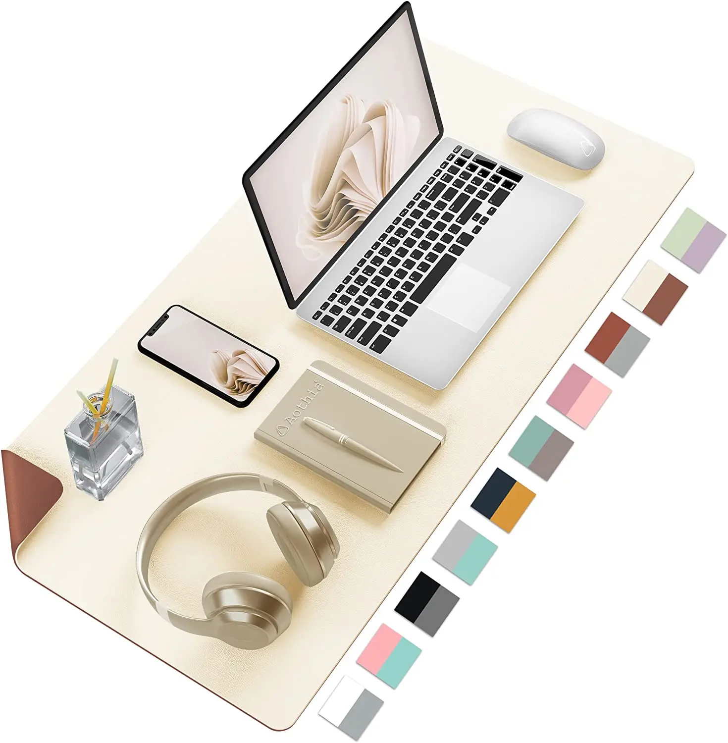 Aothia Double-Sided PU Leather Desk Pad - Non-Slip Large Mouse Pad & Desk Mat for Office, Home - Waterproof, Easy to Clean, Durable Dual-Sided Surface (31.5" X 15.7", Beige)