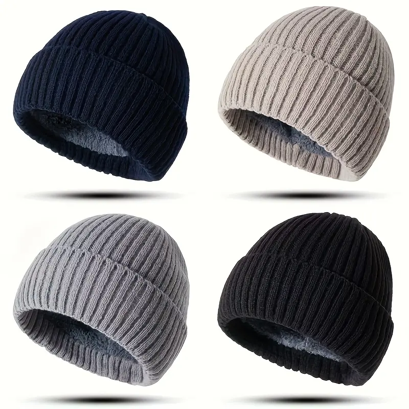 4pcs Men's & Women's Winter Hats - Thick Windproof Beanie with Flip Brim, Soft Warm Fold-Over Cuff (Black/Dark Grey/ Grey/White) - Multi-Color Options for Cold Weather, Skiing,, Outdoor Activities - Unisex Winter