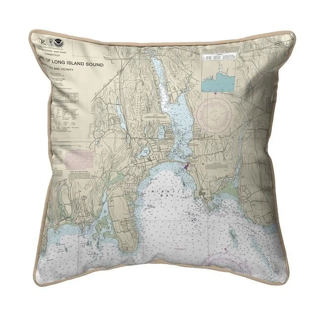 Betsy Drake SN13211NBT 12 x 12 in. North Shore Long Island to Niantic Bay, CT Nautical Map - Tan Cord Small Corded Indoor & Outdoor Pillow