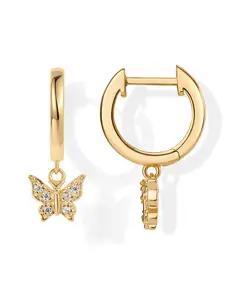 PAVOI 14K Gold Plated 925 Sterling Silver Post Huggie With Dangle - Small Gold Hinged Hoop Earrings For Women-| Trendy Dangle Hoop Earrings - CZ Huggie Earrings