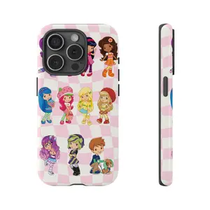 Strawberry Shortcake Phone Case – Cute Cartoon Character Cover for Girls, Gift for fans, Cute Checkboard Phonecover