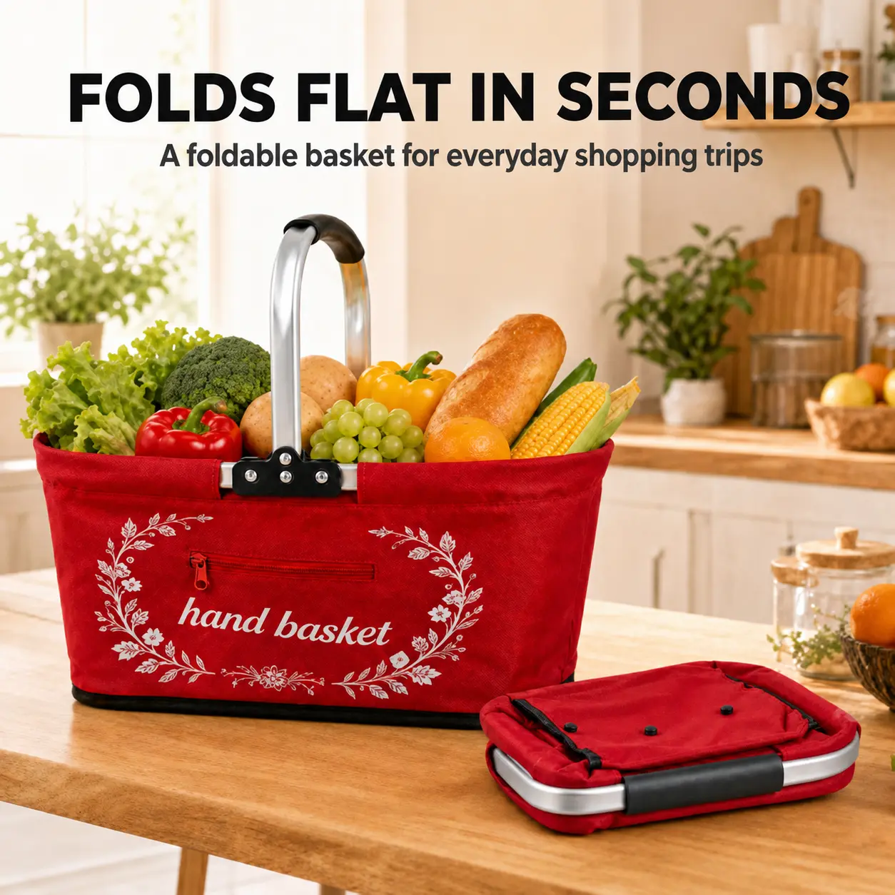 Collapsible Grocery Shopping and Picnic Basket with Aluminum Handle, Foldable Reusable Grocery Bag with Zipper Pocket for Kitchen, Car and Outdoor