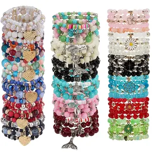 12/23/35/44pcs Heart/Daisy/Mermaid Charm Stackable Bracelets - Multi Styles Assorted Layered Beaded Bracelets Set For Women, Colorful Boho Jewelry For Daily & Party Bracelet Packs Accessories