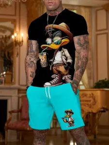 Men's Vintage Style Casual Summer Set with Duck Print, Fitted Short Sleeve T-Shirt and Knee Length Shorts for Comfort Elastic