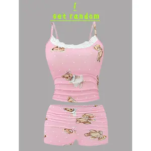 Teen Fashion Cartoon Cute Polka Dot Bear Print Random One Set Shorts Pajama and Set, for Teenager