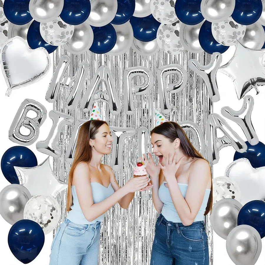 Elegant Blue, Silver-Rose Gold Multiple Pieces Balloon Decorations Kit - Festive Set with Garland, Foil Curtain, Confetti Accents, Heart Accents for Happy Birthday, Party Decor (n78balloons50)
