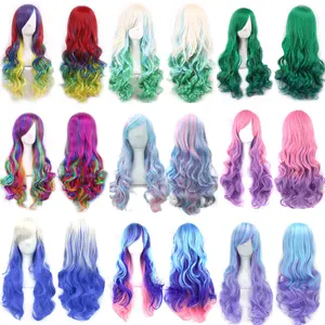 Synthetic Hair Ombre Rainbow Cosplay Wig with Bangs Red Yellow Purple Green Blue