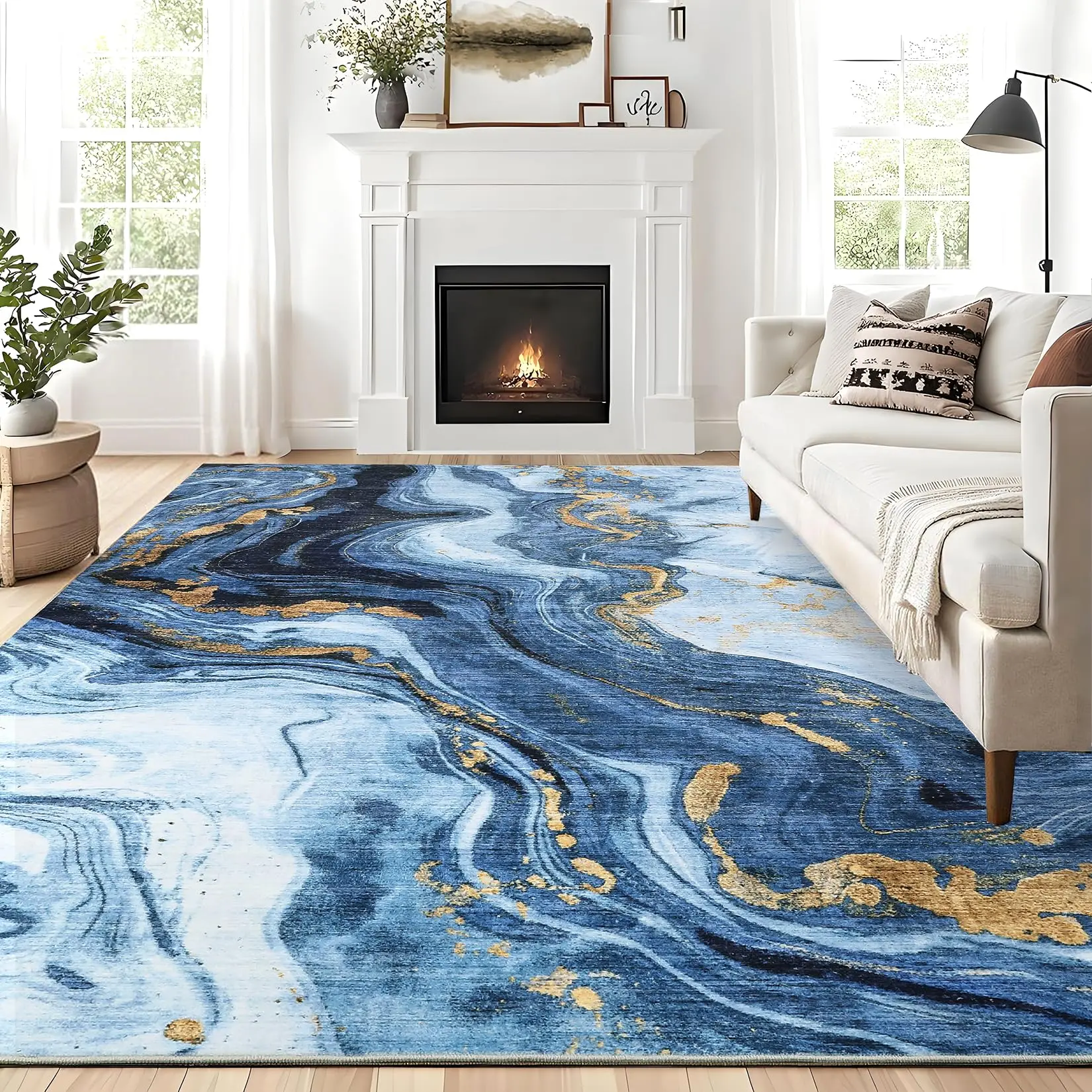 GARVEE Large Area Rugs 10x13 Modern Abstract Rug with Marble Swirl Pattern, Neutral Abstract Rugs for Farmhouse, Stain-Resistant Low Pile Floor Cover for Bedroom Living Room Office, Blue