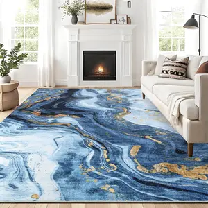 GARVEE Large Area Rugs 9x12 Washable Modern Abstract Rug, Non-Shedding Neutral Living Room Rugs, Stain-Resistant Low Pile Abstract Floor Cover for Bedroom,Dining Room,Farmhouse,Office, Blue