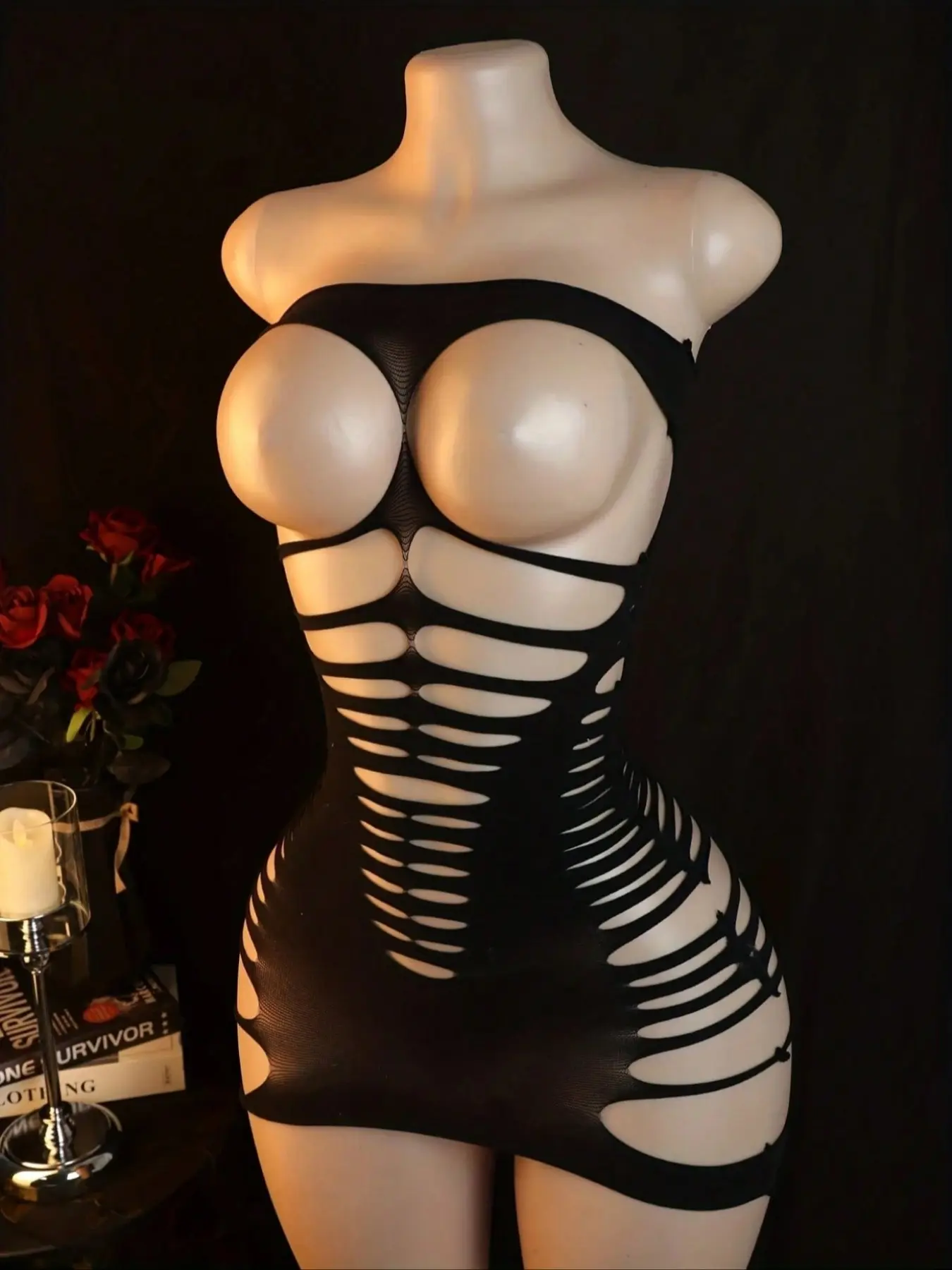 1 Piece Women's Sexy Strapless Lingerie, Black Mesh Erotic Bodysuit One-Piece Lingerie for Halloween Carnival, Christmas and Dates