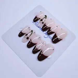 Pink Brown Cherry Bow Nails