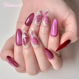 Rose Wing Handmade Press-On Nails | Medium Almond Shape, 10pcs Handmade | Rose Pink Cat Eye & Gold Foil Butterfly | High Gloss Mirror Finish | Reusable DIY Manicure Nail Kit for Women Daily Wear | Trendy Soft Girl Aesthetic False Nails