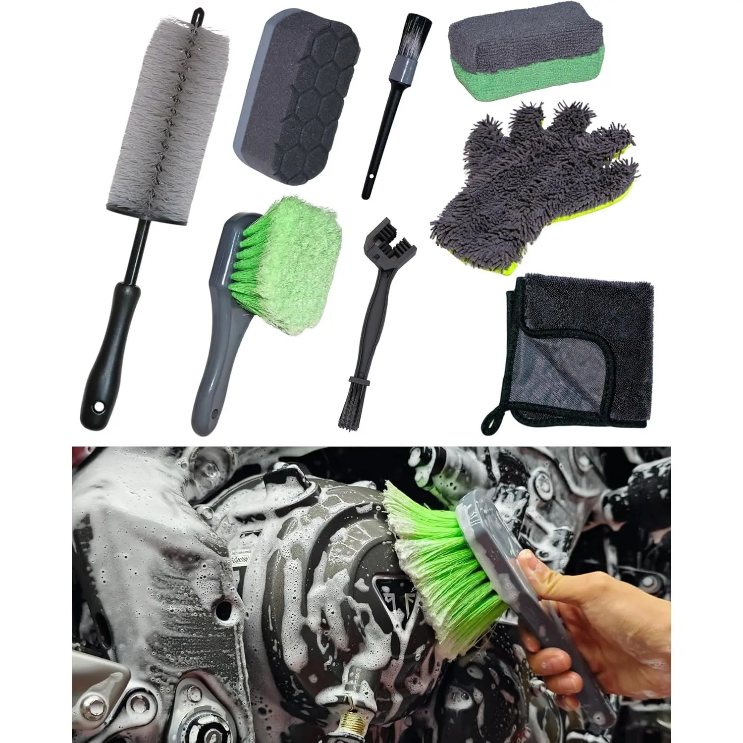8 Piece Motorcycle Cleaning Kit, Professional Detailing Tools with Ergonomic Design for Complete Chrome-to-Chain Care, Includes Microfiber Mitt & Compact Drying Towel, Eva Grips, Faster Cleaning, Hex-Logic Foam, Motorcycle Enthusiasts, Nylon Bristles, Ove