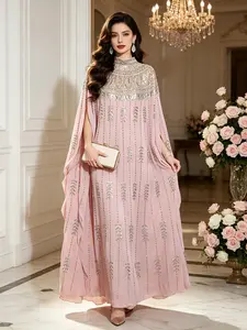 Women's Luxurious Long Kaftan Dress, Silver Color Sequins, Batwing Sleeves, Elegant Formal Wear Evening Gown for Weddings and Parties