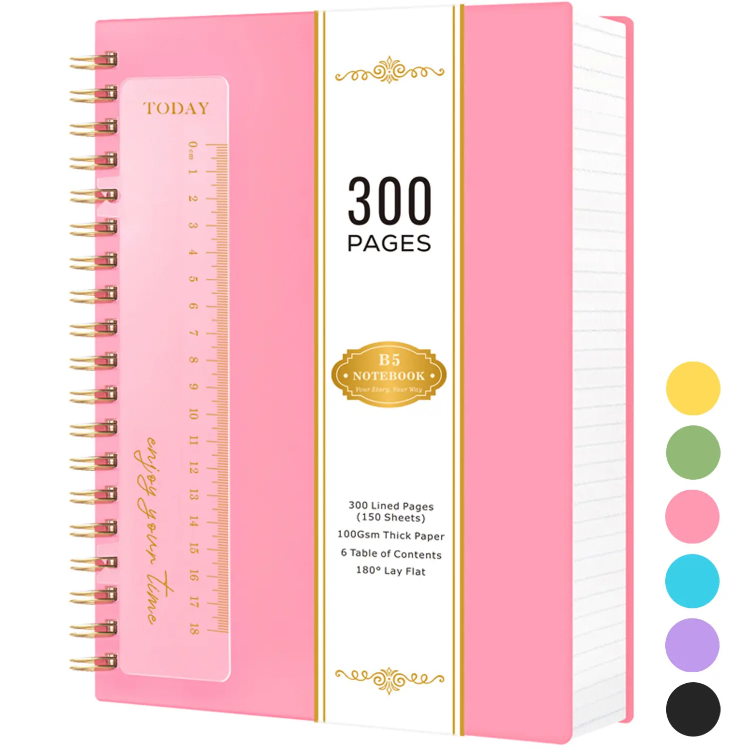 B5 Notebook Journal For Women/ Men, 300 Pages Spiral Notebook With Ruler, 100GSM Thick Paper, No Bleed, PVC Waterproof Cover, Hardcover Lined Notebook For Journaling & Note-Taking, 7.5" X 10.1"